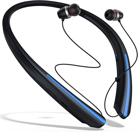 Bluetooth Headphones Retractable Wireless Neckband Headset with Sweatproof Stereo Earbuds for Running/Sports/Driving/Workouts (Black Blue)