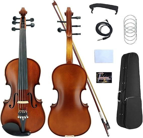 Acoustic Electric Violin 4/4 Full Size, 5 string Solid Maple Spruce with Ebony Fittings, Free Case and Bow, Beginner Kit for Adults(Yellow)