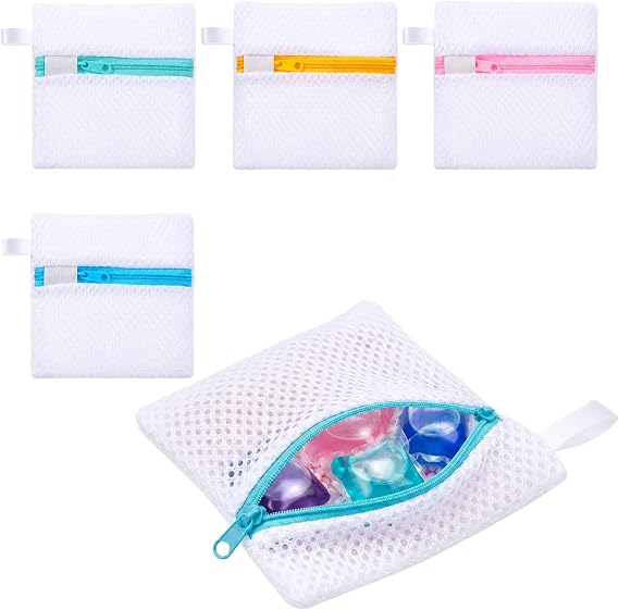 4 Pack Laundry Pod Mesh Bags with Zipper – Anti-Sticking Washing Machine Wash Bags for Detergent Capsules & Scent Beads Protection, Reusable Small Laundry Bags (Pink, Yellow, Blue, Mint Green)