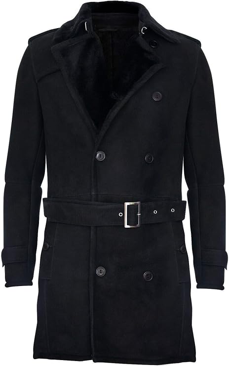 Men's German Military Double Breasted Real Sheepskin Suede Leather Pea Coat