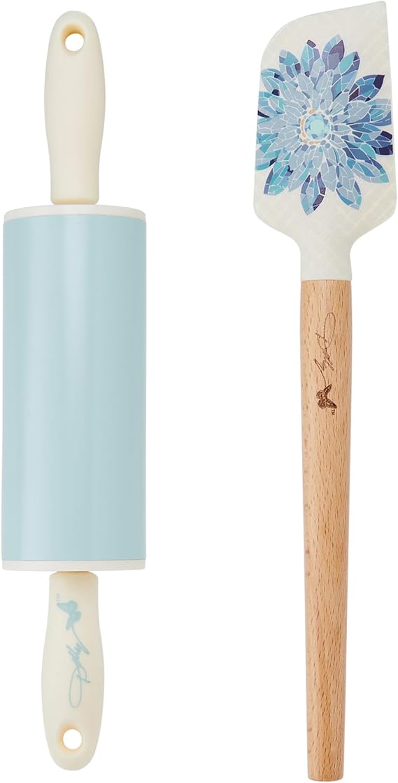 Dolly Parton Mini Spatula and Rolling Pin Set, Heat-Resistant Silicone Spatula and Nonstick Rolling Pin with Blue Accents Kitchen Utensils for Baking, Cooking and Decorating, 2 Piece