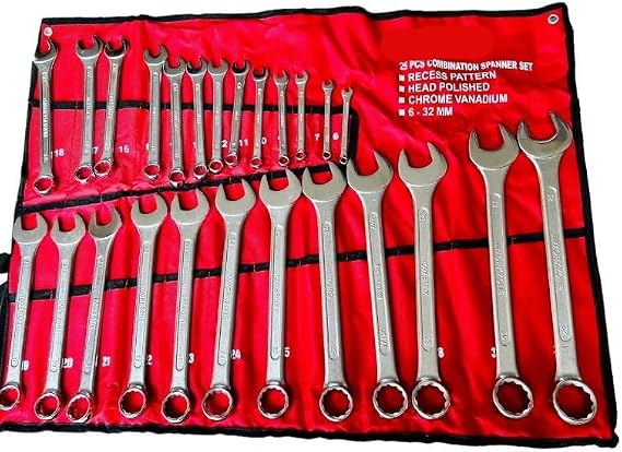 25PC Combination Spanner Set Polished Head Metric Open Ring Wrench 6-32MM in Pouch