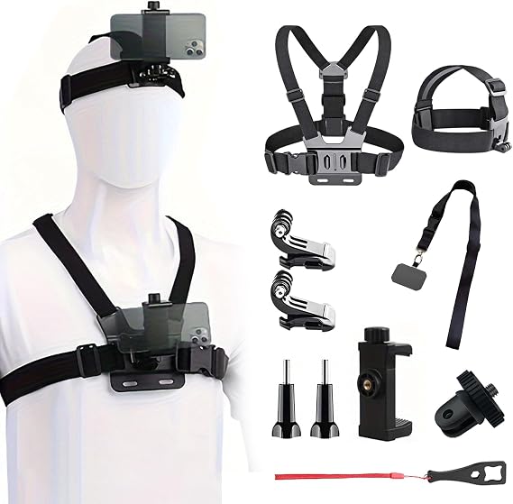 Mobile Phone Chest Strap Harness Mount Head Strap Holder Kit for VLOG/POV, Compatible with iPhone, Samsung, GoPro Hero 9, 8,7, 6, 5, 4, 3,2, 1, DJI Osmo,and Action Cameras