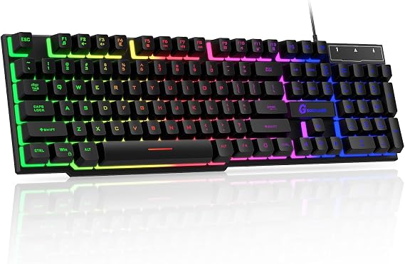 GEODMAER 104 Keys Gaming Keyboard, Full Size LED Backlit Wired Keyboard with Multimedia Keys, Anti-Ghosting, Spill-Resistant Membrane Gaming Keyboard for PC Laptop