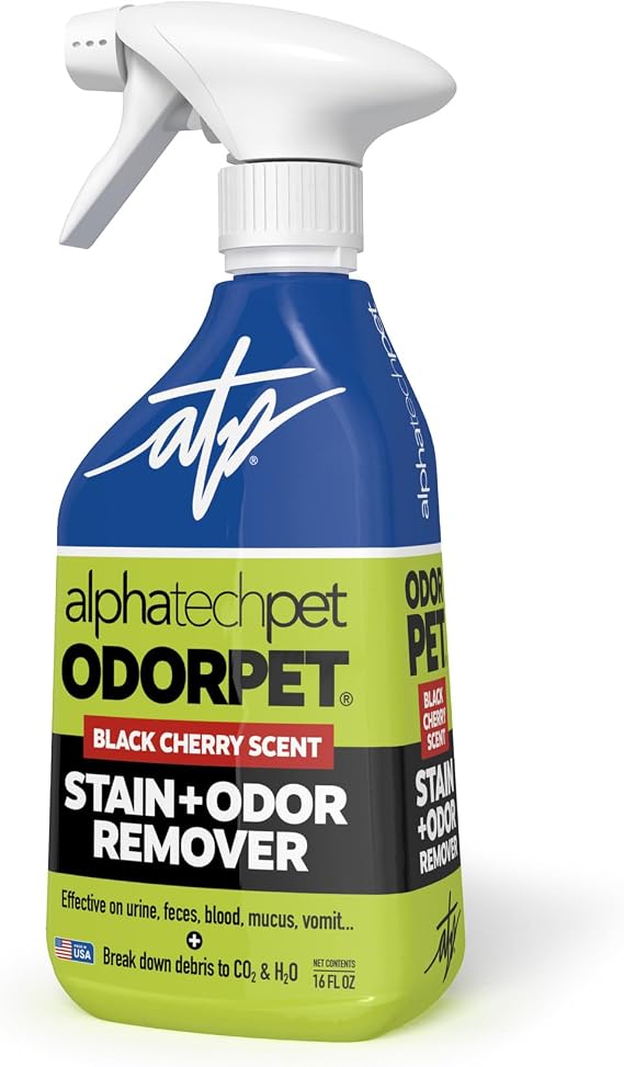 ATP OdorPet Stain and Odor Remover Spray, Black Cherry Scent, 16 Fl Oz | Enzyme formula, pH-neutral cleaner for dog and cat urine, feces, and vomit. Safe on carpets, furniture, and artificial turf.
