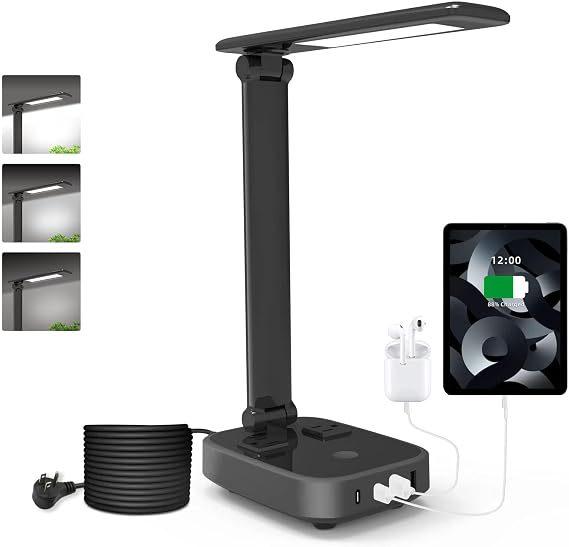 Yostyle LED Desk Lamp with 4 USB Charging Ports and 2 AC Outlets,5ft Extension Cord Power Strip Station, 3 Level Brightness, Touch Dimmer Control, Office Table Eye Care Lamp Bedroom Hotel