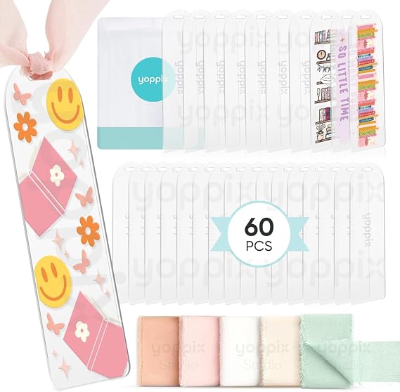 YOPPIX 60 Pieces Acrylic Bookmark Blanks- 6x2Acrylic Bookmarks with 60 Pcs Ribbon for Reading Lovers DIY Crafts Hanging Tag Gifts Tag Price Tags, Graduation Back to School Gifts(Semicircle)