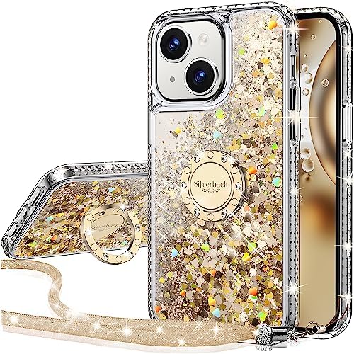 Silverback for iPhone 13 Case with Ring Stand, Women Girls Bling Holographic Sparkle Glitter Cute Cover, Diamond Ring Kicstand Protective Phone Case for iPhone 13 6.1''-Gold