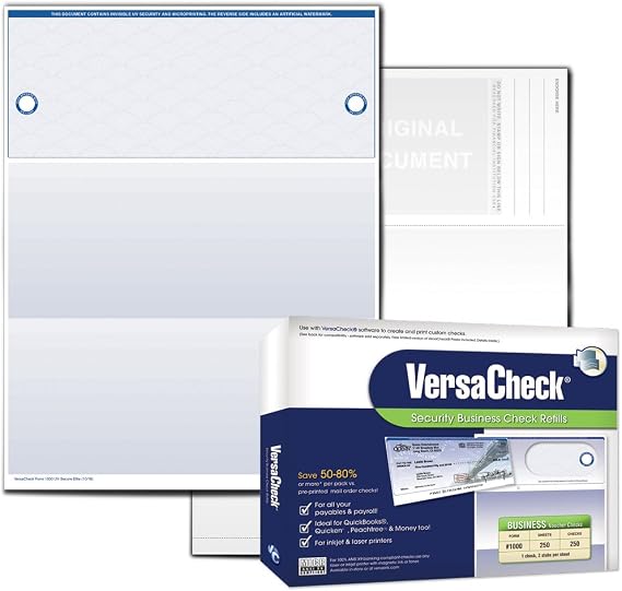 VersaCheck UV Secure Checks - 250 Blank Business Voucher Checks - Blue Elite - 250 Sheets Form #1000 - Check on Top