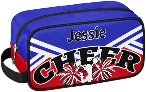Custom Cheerleader Travel Toiletry Bag with Name, Personalized Cheer Cosmetic Bag Makeup Organizer Case, Customized Makeup Bag for Cheerleader Team, Blue Red