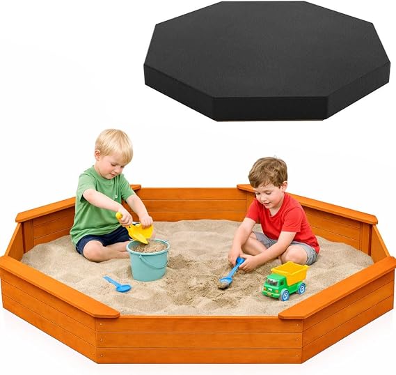 85"x78" Octagon Wooden Sandbox with Waterproof Cover & Liner, Large Outdoor Sandpit with Benches, Fir Wood Sand Box for Kids Backyard Play, Weather-Resistant, Natural