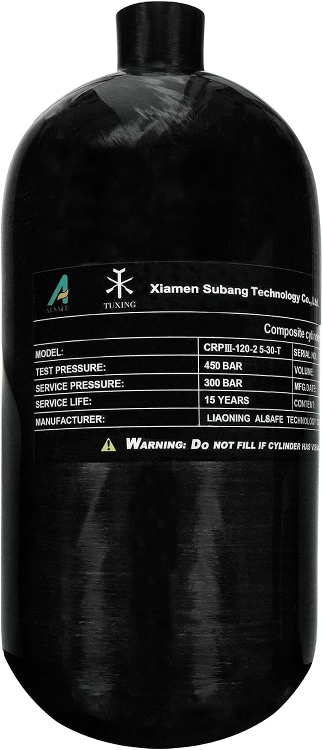 TUXING 4500psi High Pressure Composite Cylinder,2.5L Carbon Fiber Gas Cylinder, Diving Scuba Tank, PCP Paintball Air Tank Empty Bottle, M181.5
