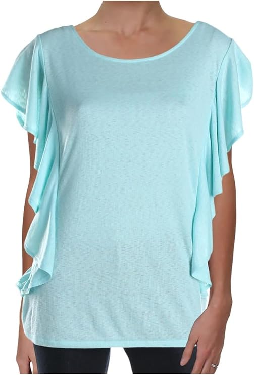 RACHEL Rachel Roy Women's Greta Ruffled Scoop Neck T-Shirt (Ocean, Small)