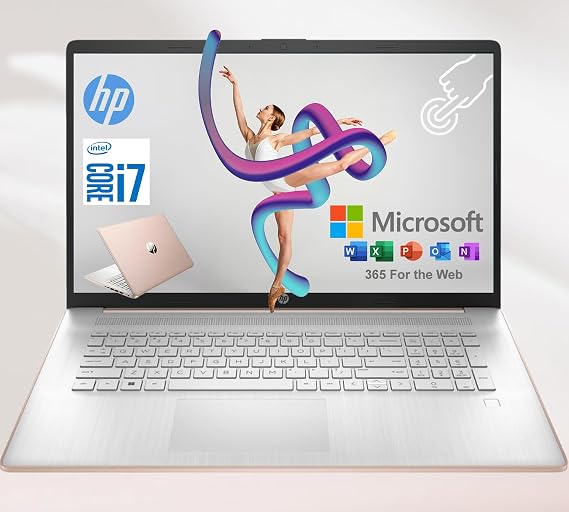 HP 17.3 Inch Touchscreen Laptop with Lifetime Microsoft 365 for The Web, Backlit Keyboard, Intel i7, 32GB RAM, 2TB Onboard and 128GB External Storage, Wi-Fi 6, 15Hrs Battery, Rose Gold, Windows 11