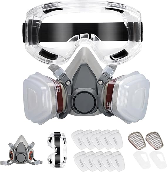 Professional Reusable Half Face Respirator Mask – Gas & Dust Proof Cover with 20 Replaceable Filters – Adjustable Safety Goggles for Painting Welding Woodwork
