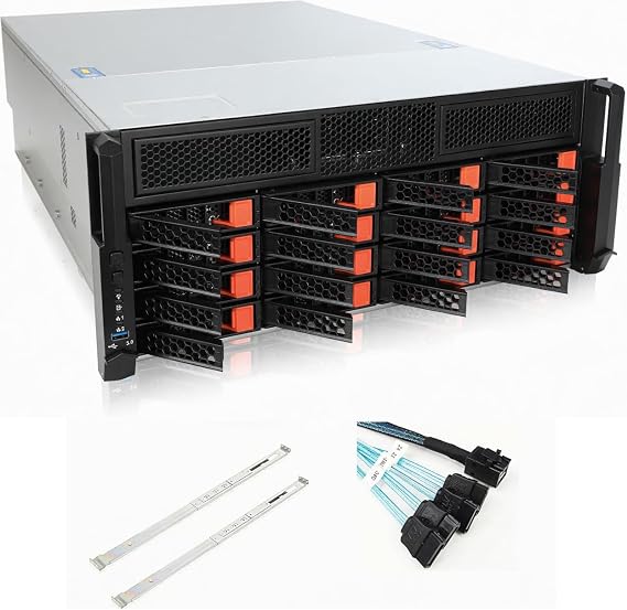 Rackchoice 4U Server Chassis Hotswap 12Gbps Swappable screwless 16 x 3.5/2.5 + 2x5.25 + 2x2.5 Chassis with sliidng Rail and SFF-8643 Minisas to SATA Cables