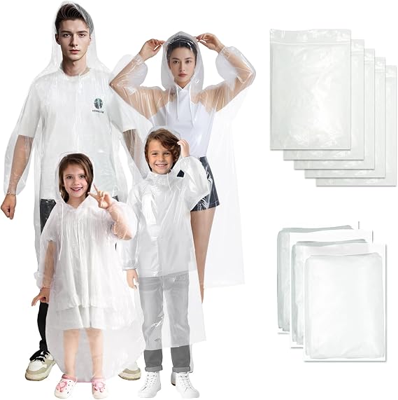 Ponchos Family Pack, Rain Poncho for Adults and Kids Disposable Emergency Rain Ponchos