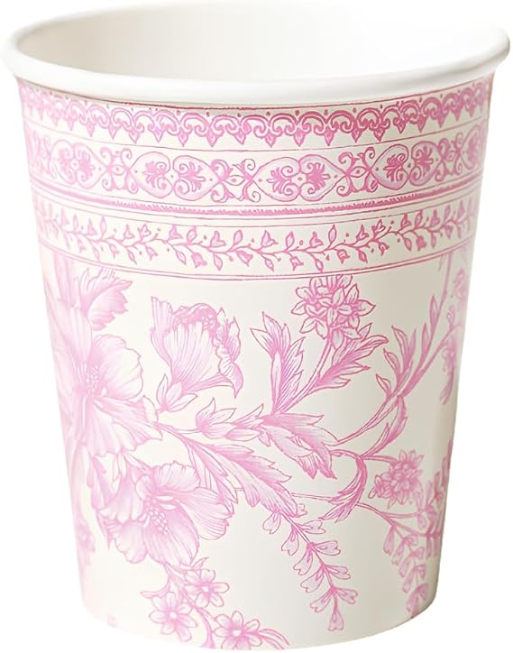 Coterie Pink Toile Paper Cups (Set of 10) - Decorative & Durable Disposable Cups for Bridal Party, Birthday Party, Baby Shower, Tea Party, Spring & Summer Gatherings | 9oz Paper Party Cups
