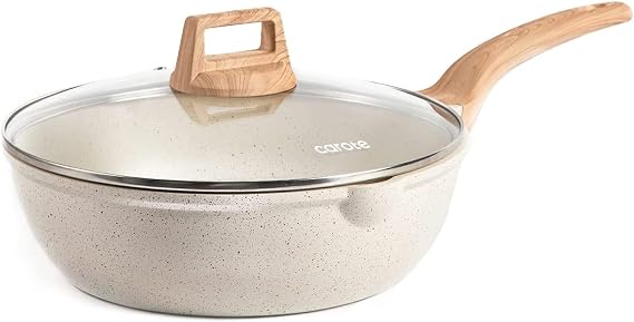 CAROTE 12 Inch Nonstick Deep Frying Pan with Lid, 5.5 Qt White Granite
