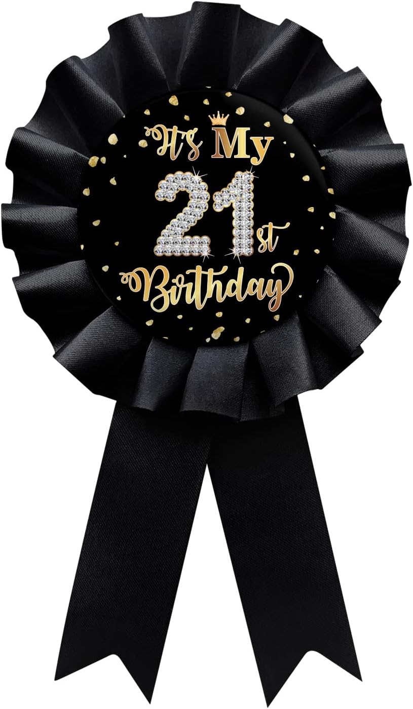 Black It's My 21st Birthday Tinplate Badge Pin, Happy 21st Birthday Boys and Girls Award Ribbon Party Decorations Sign