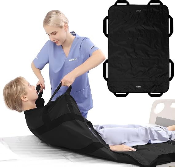 Positioning Bed Pad with Reinforced Handles 55" x 40" Patient Transfer Sheet Aid Assistant for Body Lifting, Turning, Repositioning, for Elderly, Incontinence, Caregiver, Black