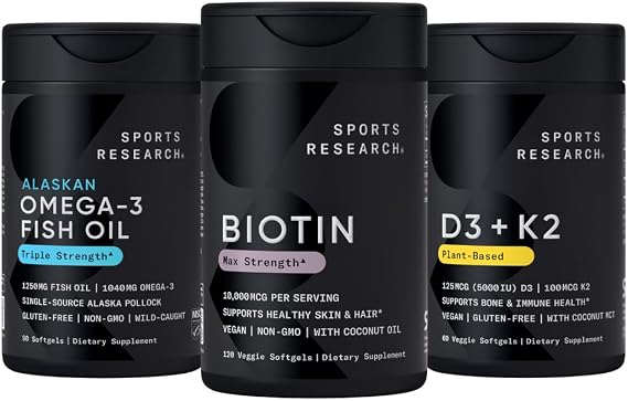 Sports Research Vegan Biotin 10,000 mcg (120 Softgels), Triple Strength Omega 3 Fish Oil 1250 mg (90 Softgels) and Vegan Vitamin D3 5000iu + K2 100mcg Mk7 (60 Softgels)