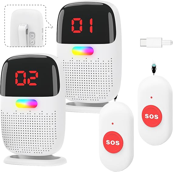 Caregiver Pager System with Digital Display for Elderly Assistance, Fall Prevention, and Nurse Calling,Wearable Wireless Pager for Patient Help at Home (2 Call Buttons + 2 Receivers)