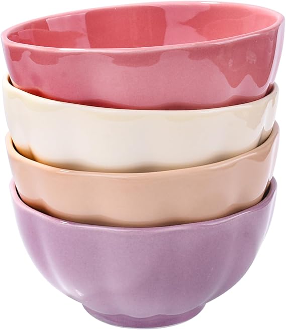 Ceramic Rice Bowls Set of 4, 4.72 Inch 12oz Cute Flower Shaped Cereal Bowls, Macaron Color Small Bowls for Rice, Soup, Dessert, Thoughtful Housewarming Choice
