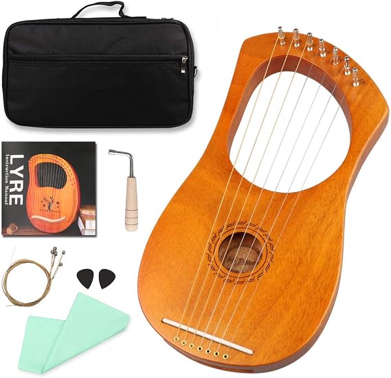 Mr.Power Lyre Harp Metal Strings with Accessories (7 String, Natural Wood)