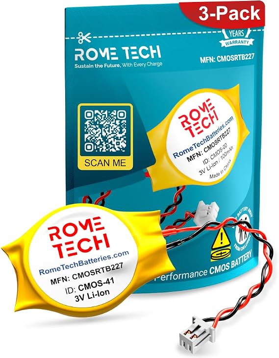 Rome Tech CMOS BIOS Battery for Dell Latitude E5250, E5430, E5440, E5450, E5470 - Laptop Backup 3V RTC CR2032 with 2 Wire Cable (3-Pack)