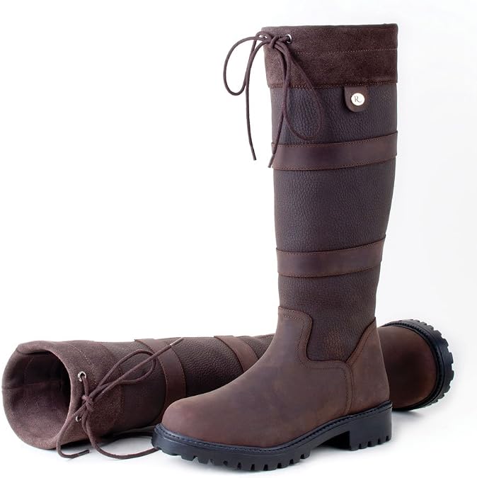 Rhinegold ELITE BROOKLYN LEATHER COUNTRY BOOTS – Durable Unisex Waxy Leather Boots with Faux Suede Cuff & Drawstring – Non-Slip Rubber Sole for Yard, Country & Everyday Wear