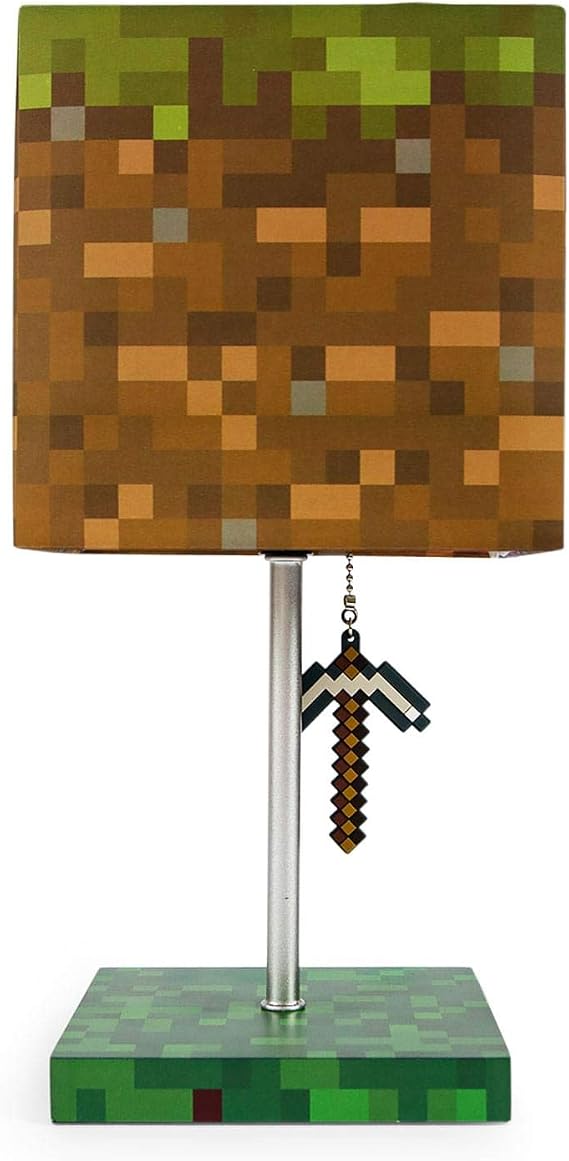 Minecraft Grass Block Desk Lamp with Pickaxe 3D Puller | LED Light Bedside Table Lamp | Video Game-Themed Room Essentials | Home Decor Accessory | 14 Inches Tall