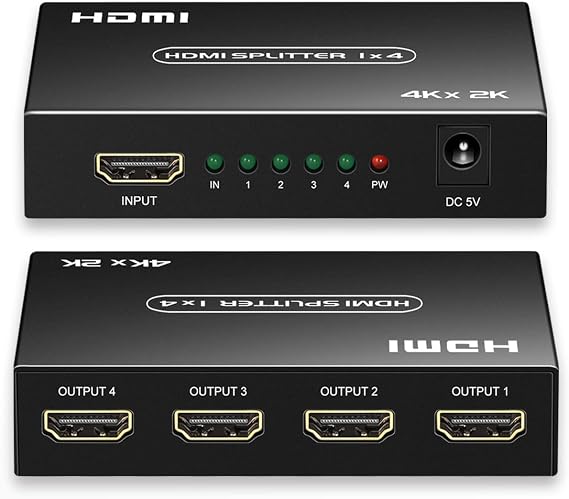 HDMI Splitter 1 in 4 Out, 1x4 HDMI Splitter Support 4K@60Hz Full HD 1080P & 3D, Compatible with Xbox PS3/4 Roku Blu-Ray Player