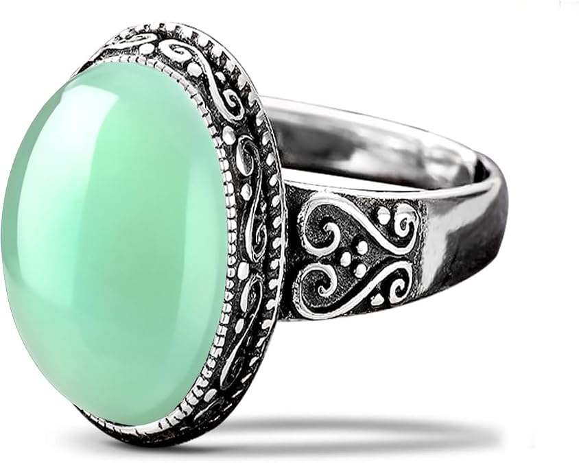 Sterling Silver Oval Jade Ring, Retro Bohemian Statement Gemstone Ring for Women
