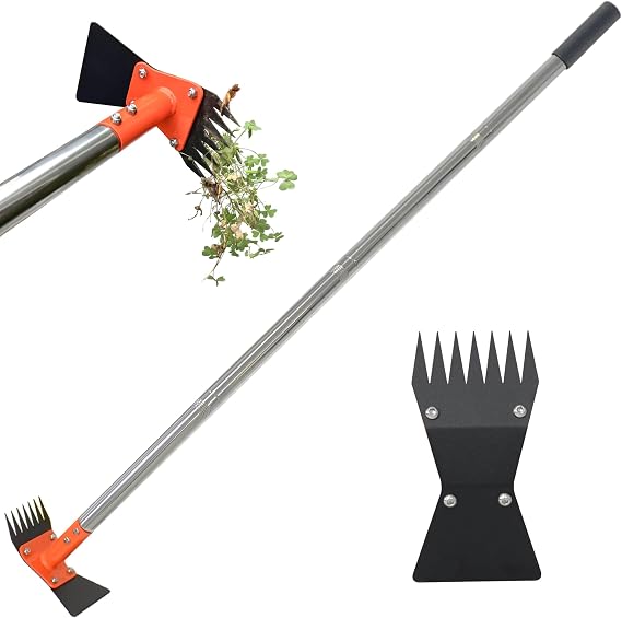 2-in-1 Garden Hoe and Weed Puller Rake 61 Inch Spring Steel Head Adjustable Long Handle Weeding Tool Heavy Duty Sand Texture Finish, Weed Remover for Garden, Yard, Lawn, Driveway