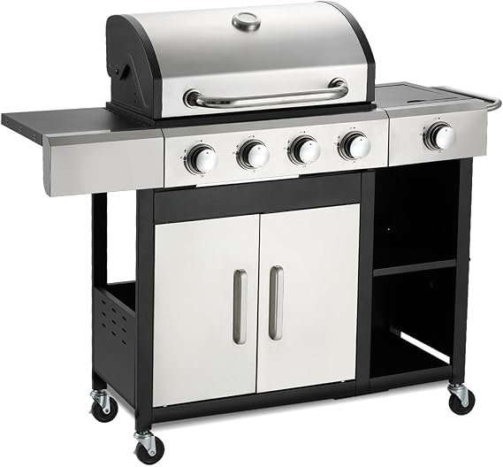 4-Burner Propane Gas Grill with Side Burner & Cabinet - 49,000 BTU Stainless Steel BBQ Grill, Porcelain-Enameled Cast Iron Grates for Outdoor Cooking, Patio & Backyard