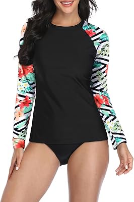 Daci Women Stripe Flower Long Sleeve Rashguard Top Bathing Suit Swimsuits Top No Bottom Sun Protection Crew Neck Swim Shirt L