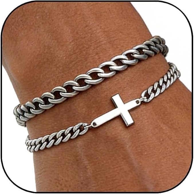 2Pcs Silver Cuban Cross Bracelet for Men Stainless Steel Cross Charm Bracelets Adjustable Non Tarnish Cuban Link Bracelet Christian Jewelry Gift