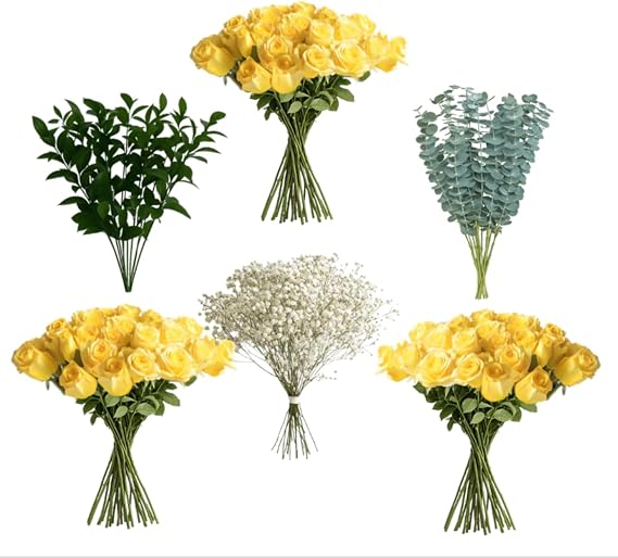 GlobalRose 75 Yellow Roses with Babys Breath, Ruscus & Eucalyptus | Bulk Fresh Flowers for DIY Arrangements, Events, or Gifts