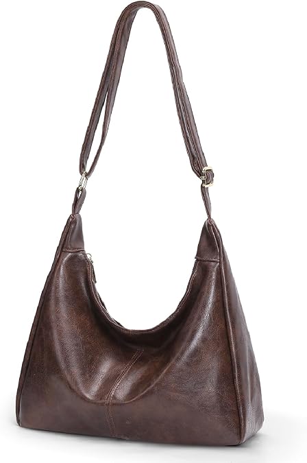 Brown Shoulder Bag for Women,Brown Leather Purse Slouchy Hobo Bags Everyday Purse Daily Commuting Bag with Zipper