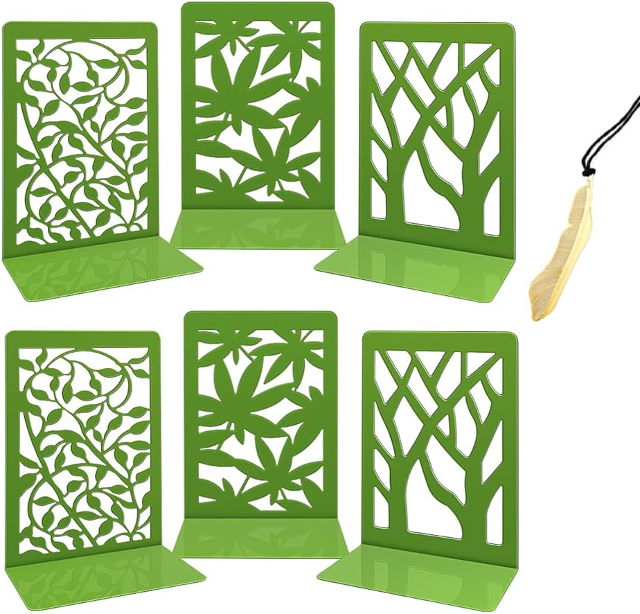 Bookends for Shelves Book Ends for Heavy Books Metal Book Holder to Hold Books Book Stoppers Supports Heavy Duty Design, for Office Home Decorative, 3 Pair Green, Bookmark Included