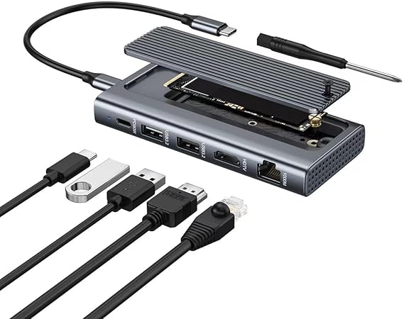 Coverzone USB-C Docking Station with M.2 NVMe Enclosure – 4K 60Hz HDMI, 1000Mbps Ethernet, 2×USB 3.2 Gen2 10Gbps, 90W PD Şarj Desteği, 2280/2242 NVMe SSD Harici Disk Kutusu | ZR1145