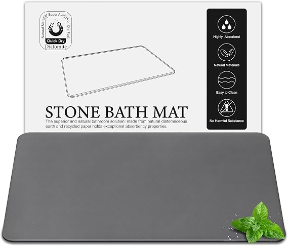 Large Diatomite Stone Bath Mat, 30" x 17" Dark Grey