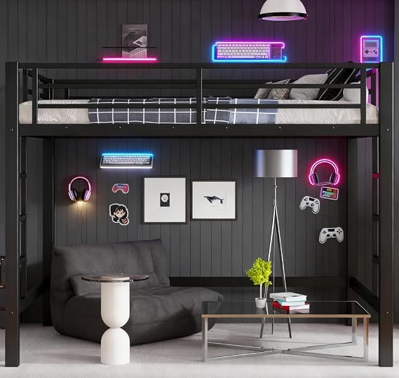 Bellemave Full Loft Bed with 2 Ladder and Guardrails, Metal Loft Bed Frame, for Adults, Kids, Teens, Black