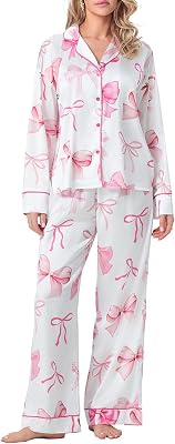 Aopwsrlyi Womens Satin Pajamas Fashion Bow Pjs Set Long Sleeve Button Down V Neck Shirt Lounge Pants Set Sleepwear