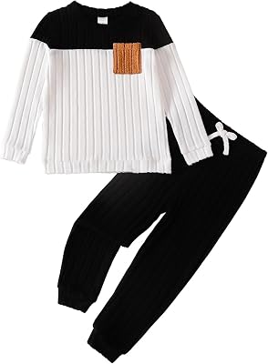 ROMPERINBOX Toddler Boy Clothes Fleece Fall Winter Outfit Color Block Ribbed Long Sleeve Sweatshirt and Pants 2Pcs Set 18M-5T