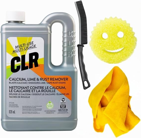 CLR 1 PACK CLEANING BUNDLE Calcium, Lime & Rust Remover (828mL) + Microfiber Towel, Crevice Cleaning Brush & Scrub Brush