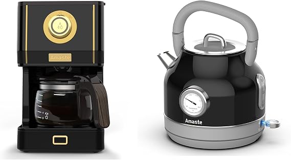 Amaste Black Coffee Maker & Black Retro Electric Kettle Set