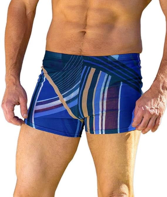 Men's Tan Through Swim Hipster, Blue Swirls, Size Large