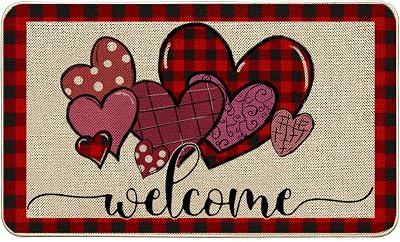 AnyDesign Valentines Day Welcome Door Mat Love Hearts Front Doorway Carpet with Anti-Slip Rubber Back Red Black Buffalo Plaids Heart Entryway Rugs for Indoor Outdoor Kitchen Home Decor, 17 x 29 Inch